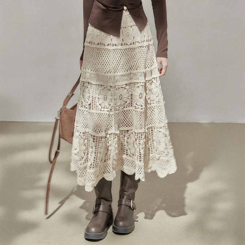 Crochet Midi Skirts Women Openwork Hollow Out Guipure Lace Long Skirt Summer Dress French Chic Retro Boho Hippie Festival Outfit