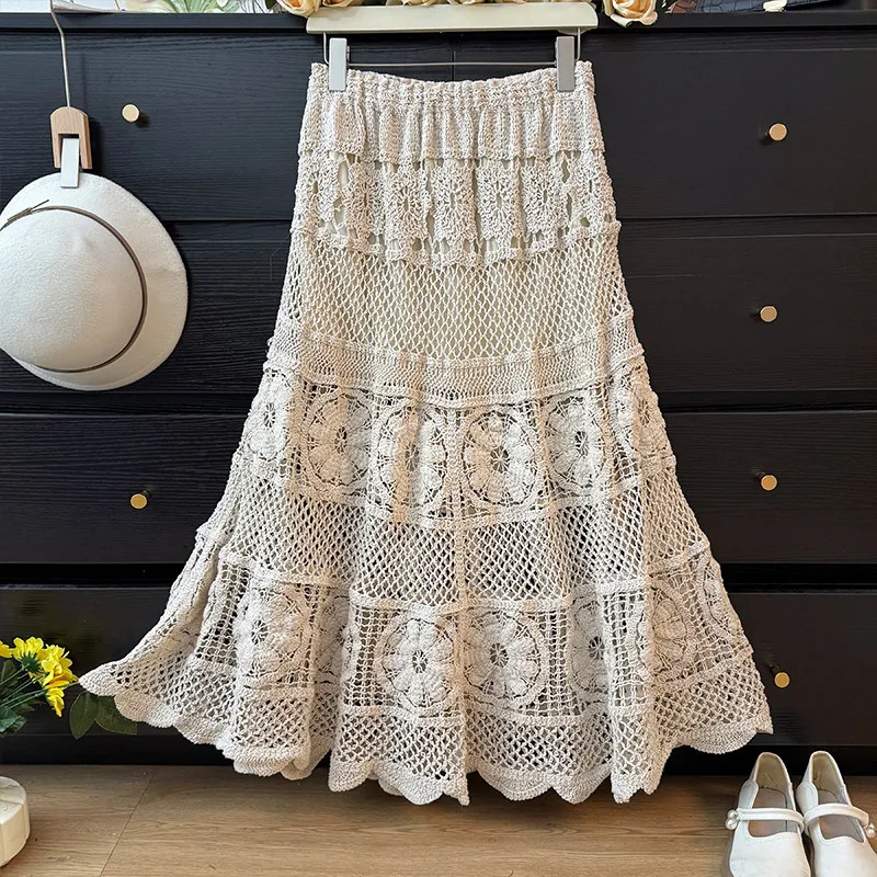 Crochet Midi Skirts Women Openwork Hollow Out Guipure Lace Long Skirt Summer Dress French Chic Retro Boho Hippie Festival Outfit