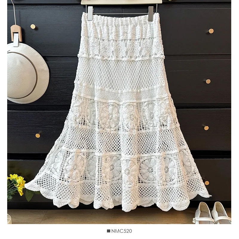 Crochet Midi Skirts Women Openwork Hollow Out Guipure Lace Long Skirt Summer Dress French Chic Retro Boho Hippie Festival Outfit