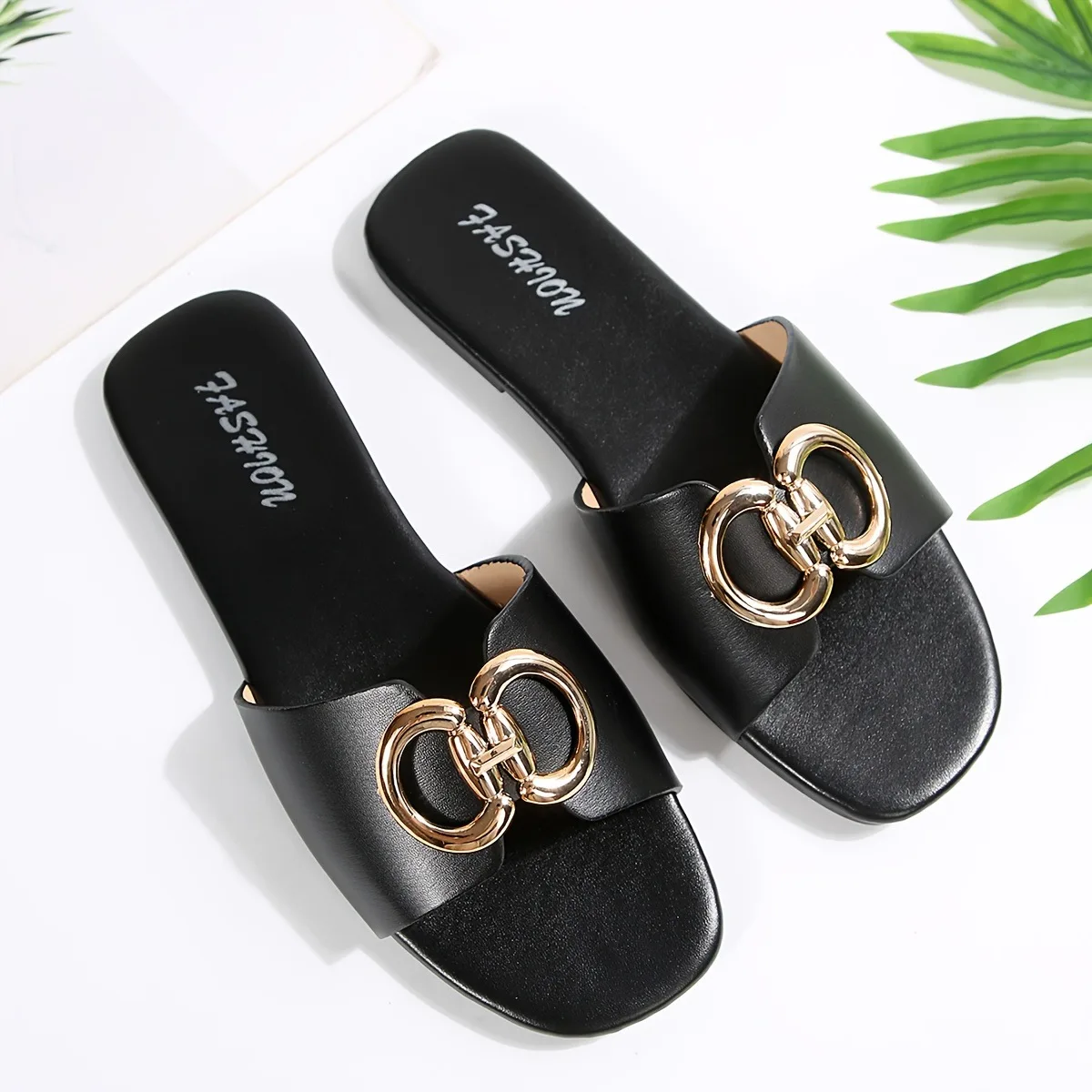 Women's Sandals, Women's Shoes, New Foreign Trade Fashion Slippers, Versatile Solid Color Decorative Square-Toed Women's Slippers