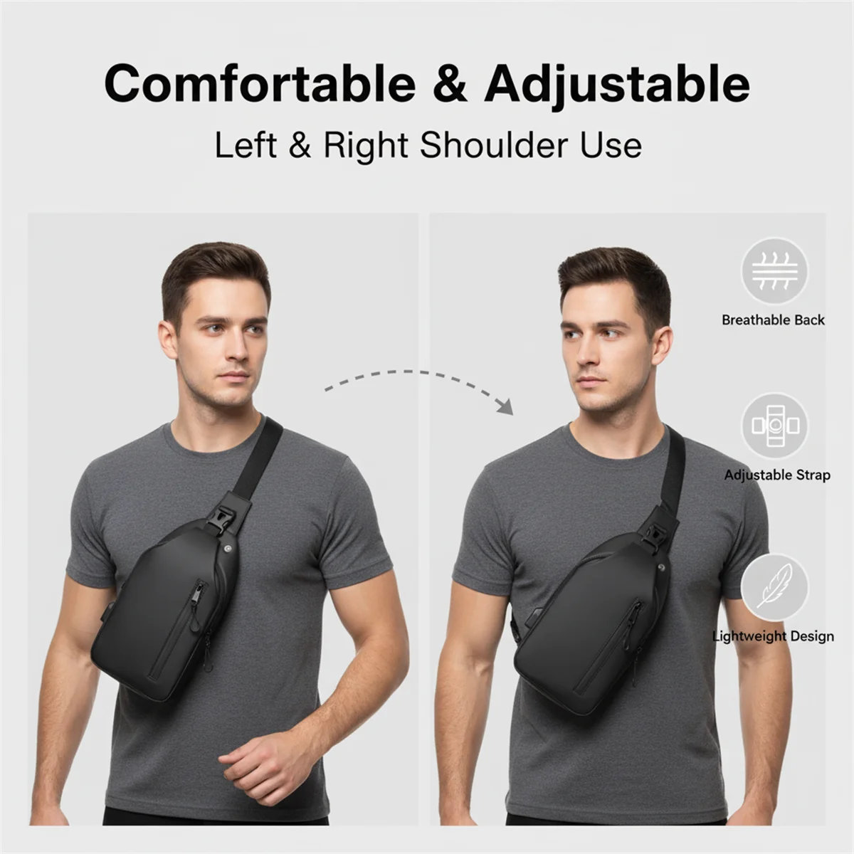Men Anti Theft Sling Bag Waterproof Chest Bag Crossbody Shoulder Backpack USB Headphone Hole Travel Daypack