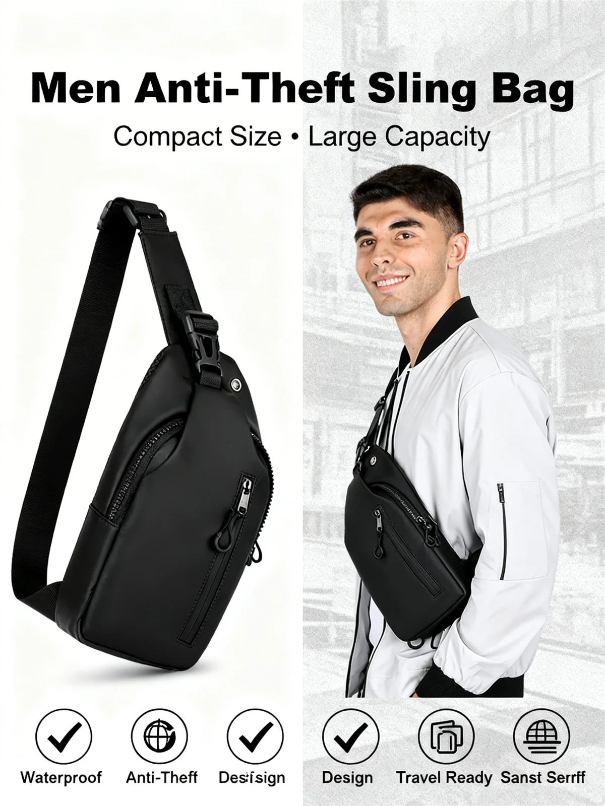 Men Anti Theft Sling Bag Waterproof Chest Bag Crossbody Shoulder Backpack USB Headphone Hole Travel Daypack