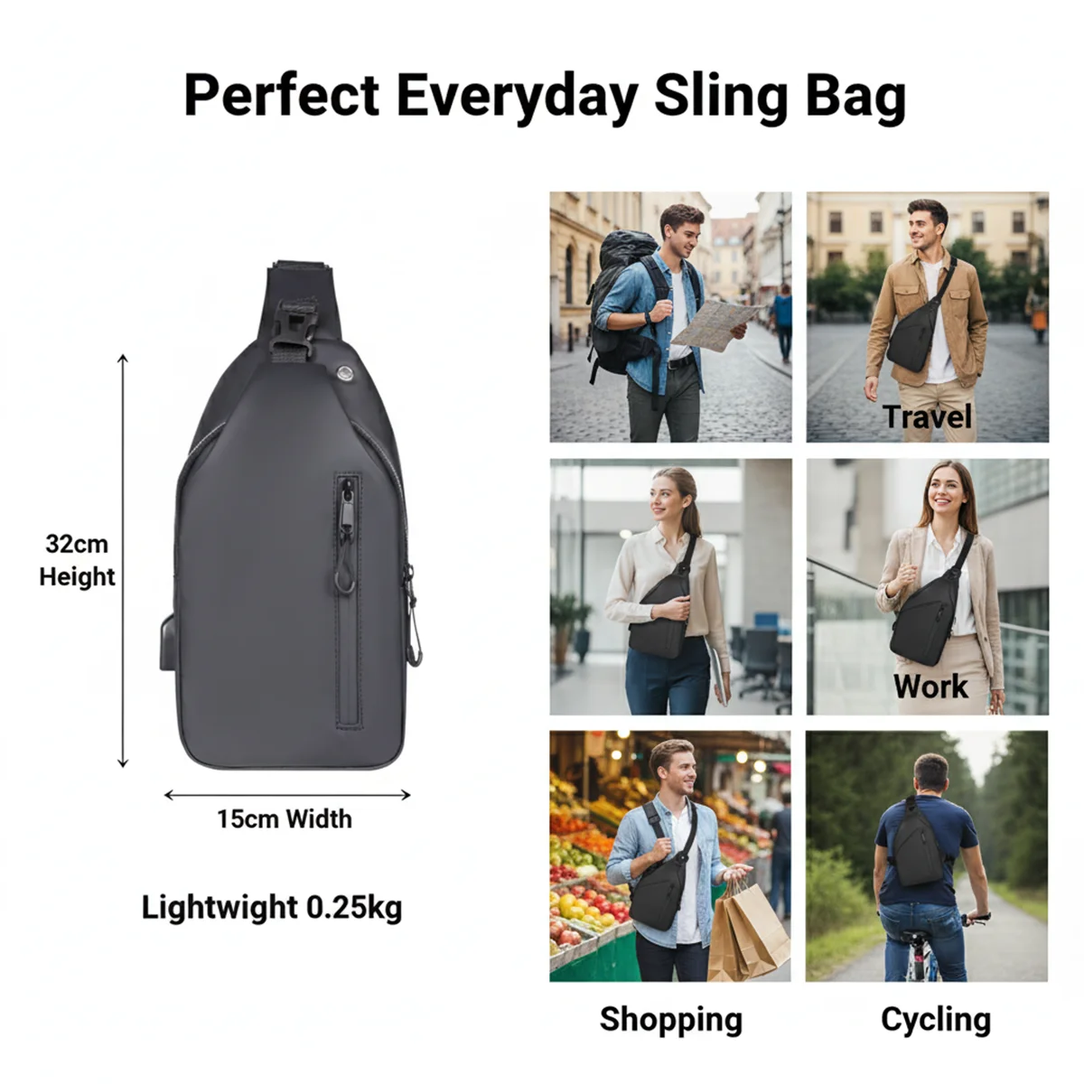 Men Anti Theft Sling Bag Waterproof Chest Bag Crossbody Shoulder Backpack USB Headphone Hole Travel Daypack