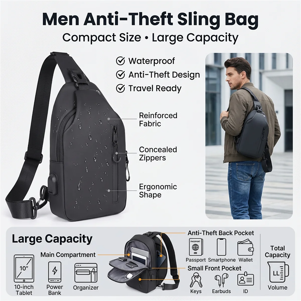 Men Anti Theft Sling Bag Waterproof Chest Bag Crossbody Shoulder Backpack USB Headphone Hole Travel Daypack