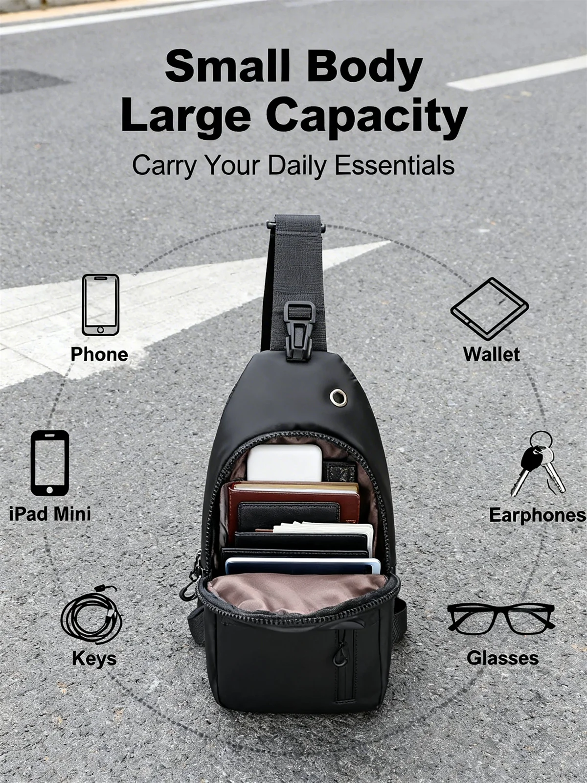 Men Anti Theft Sling Bag Waterproof Chest Bag Crossbody Shoulder Backpack USB Headphone Hole Travel Daypack