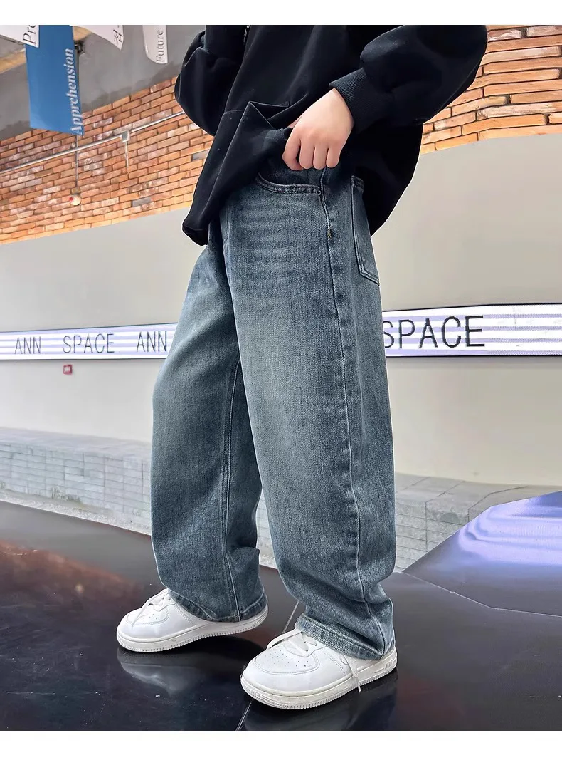 5-14Y Boys Jeans Pants Spring Kids Wide Leg Straight Trousers Autumn Loose-Fit Casual Trousers Children's Trendy Sweatpants