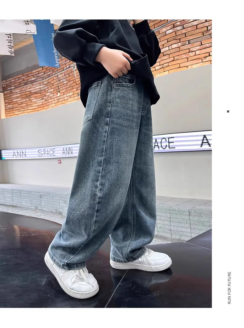 5-14Y Boys Jeans Pants Spring Kids Wide Leg Straight Trousers Autumn Loose-Fit Casual Trousers Children's Trendy Sweatpants