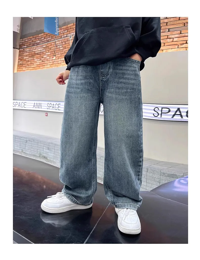 5-14Y Boys Jeans Pants Spring Kids Wide Leg Straight Trousers Autumn Loose-Fit Casual Trousers Children's Trendy Sweatpants
