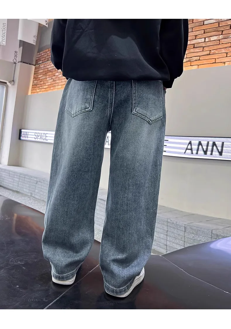 5-14Y Boys Jeans Pants Spring Kids Wide Leg Straight Trousers Autumn Loose-Fit Casual Trousers Children's Trendy Sweatpants