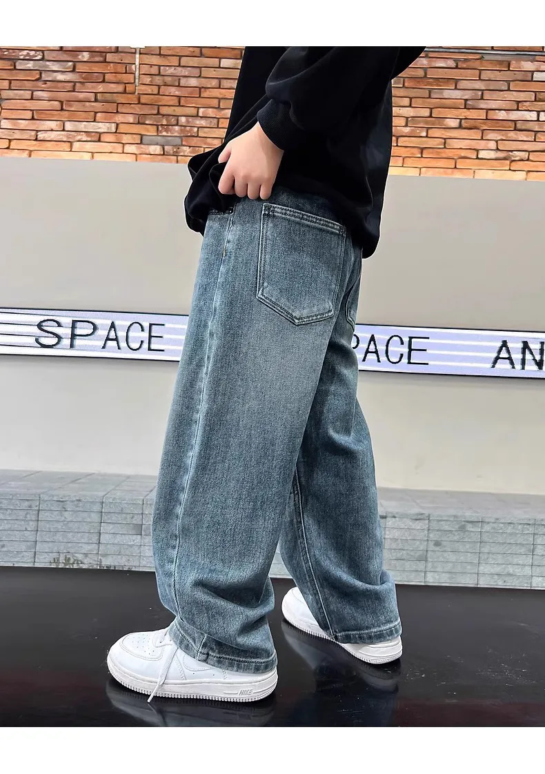 5-14Y Boys Jeans Pants Spring Kids Wide Leg Straight Trousers Autumn Loose-Fit Casual Trousers Children's Trendy Sweatpants