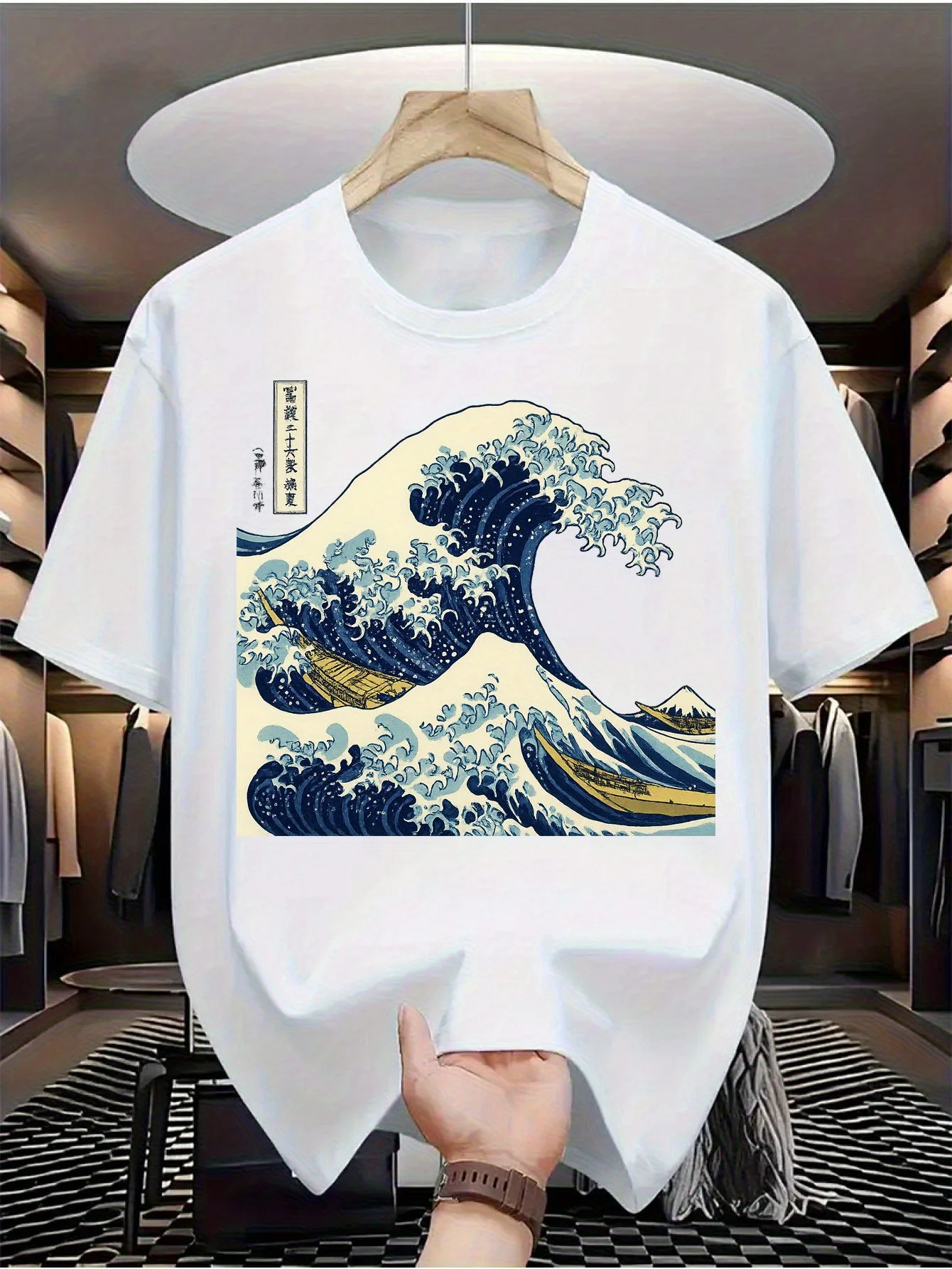 Men's Summer Pure Cotton Casual Loose Kanagawa Surfing Art Print Comfortable Sports Round Neck Short Sleeved T-Shirt Top