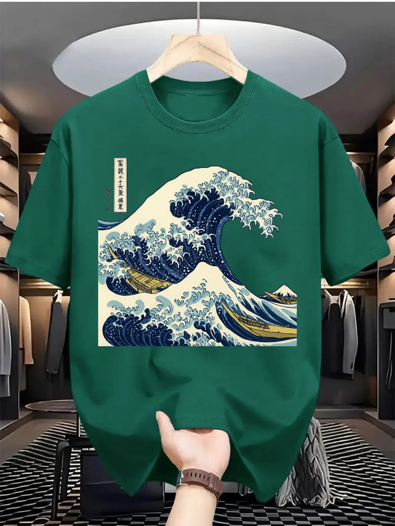 Men's Summer Pure Cotton Casual Loose Kanagawa Surfing Art Print Comfortable Sports Round Neck Short Sleeved T-Shirt Top