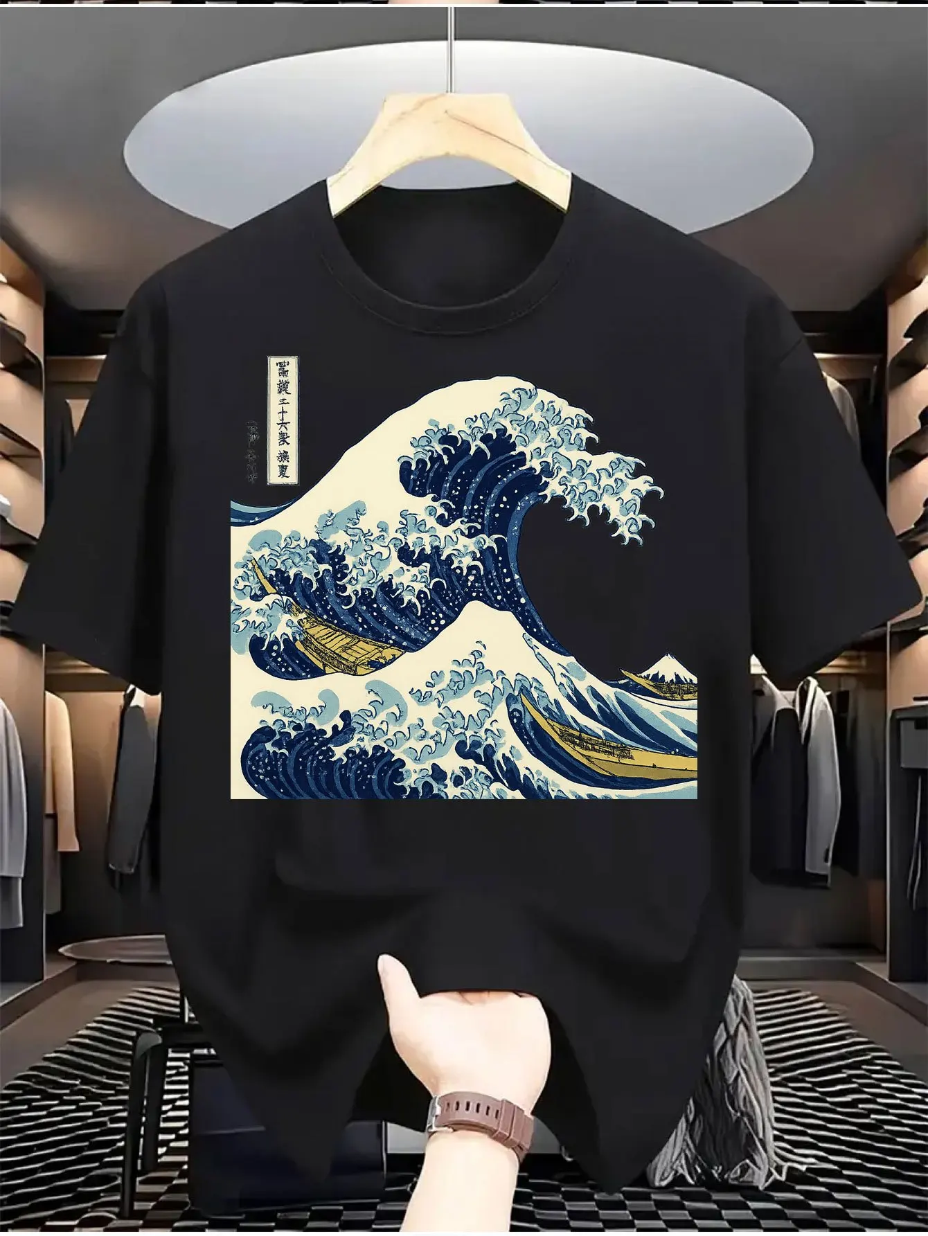 Men's Summer Pure Cotton Casual Loose Kanagawa Surfing Art Print Comfortable Sports Round Neck Short Sleeved T-Shirt Top