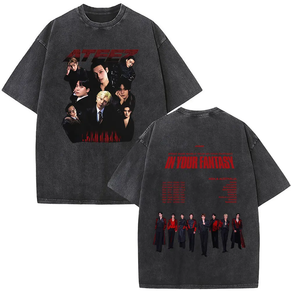 Korean Kpop ATEEZ Mingi 2026 World Tour in Your Fantasy Vintage Washed T-shirts Men Women Clothing Fashion Cotton Casual T-shirt