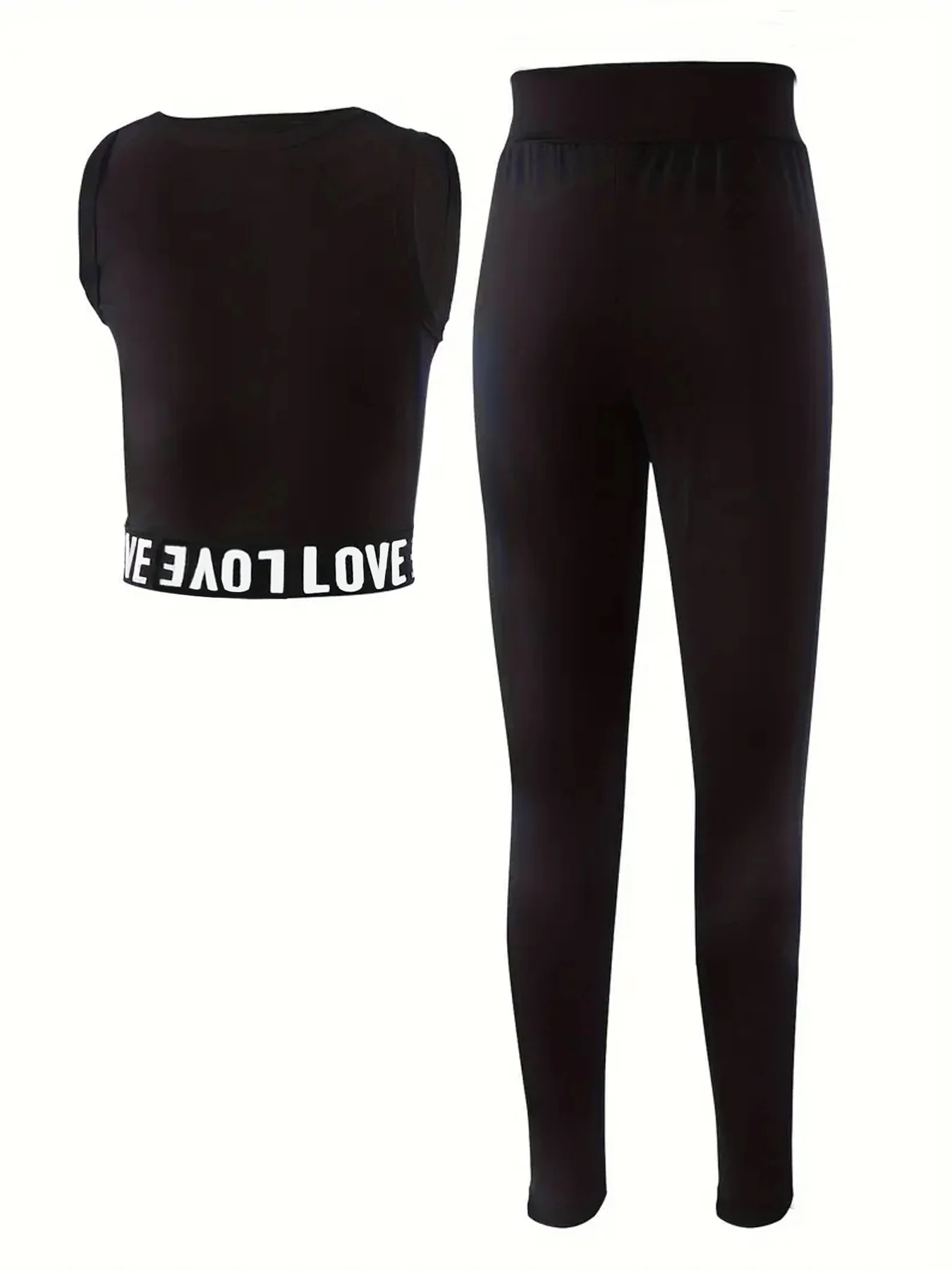 Girls 2-Piece "Love" Active Set – Black Sleeveless Crop Top & High Waist Leggings Set for Kids