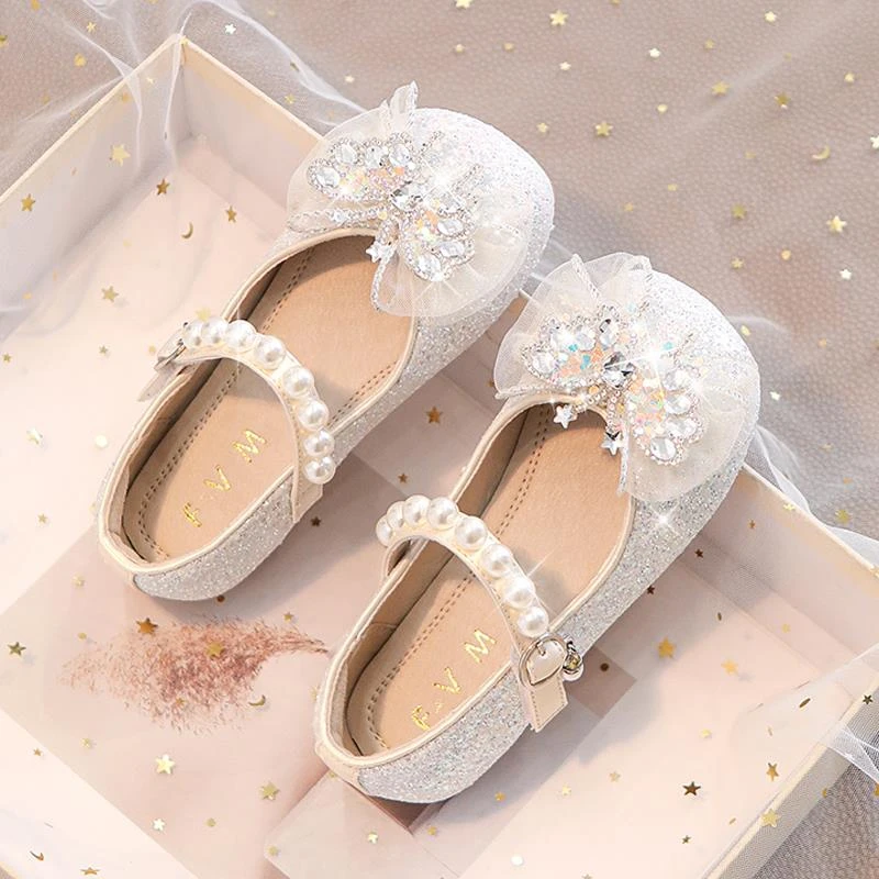 Girls’ Dance Princess Pearl Dress Shoes Faux Leather Mary Janes Sparkle Accents Comfortable Dancing Butterflie Parties Occasions