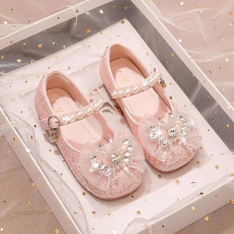 Girls’ Dance Princess Pearl Dress Shoes Faux Leather Mary Janes Sparkle Accents Comfortable Dancing Butterflie Parties Occasions