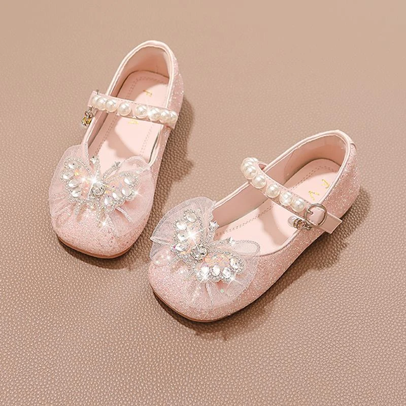 Girls’ Dance Princess Pearl Dress Shoes Faux Leather Mary Janes Sparkle Accents Comfortable Dancing Butterflie Parties Occasions