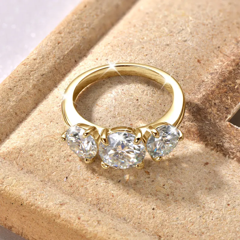OXTAO 3 Stone Moissanite Engagement Rings for Women 14K Gold Filled 6.5mm VVS1 D Wedding Rings Jewelry Anniversary Gifts