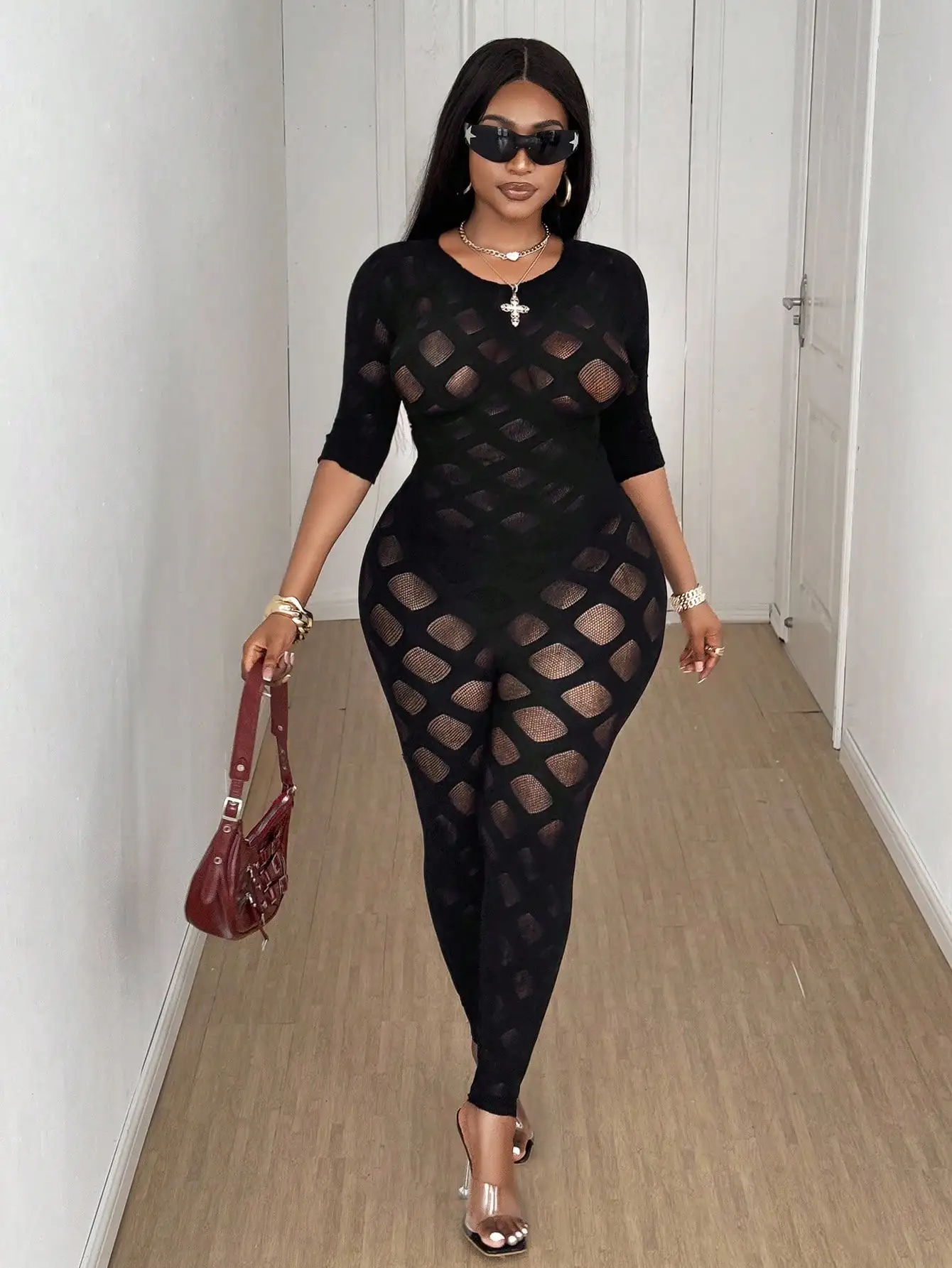 Women's Plus Size Sexy Jumpsuit See Through Sheer Mesh Bodycon High Waist Stretchy Web Pattern Slim Fit Jumpsuit for Club Party