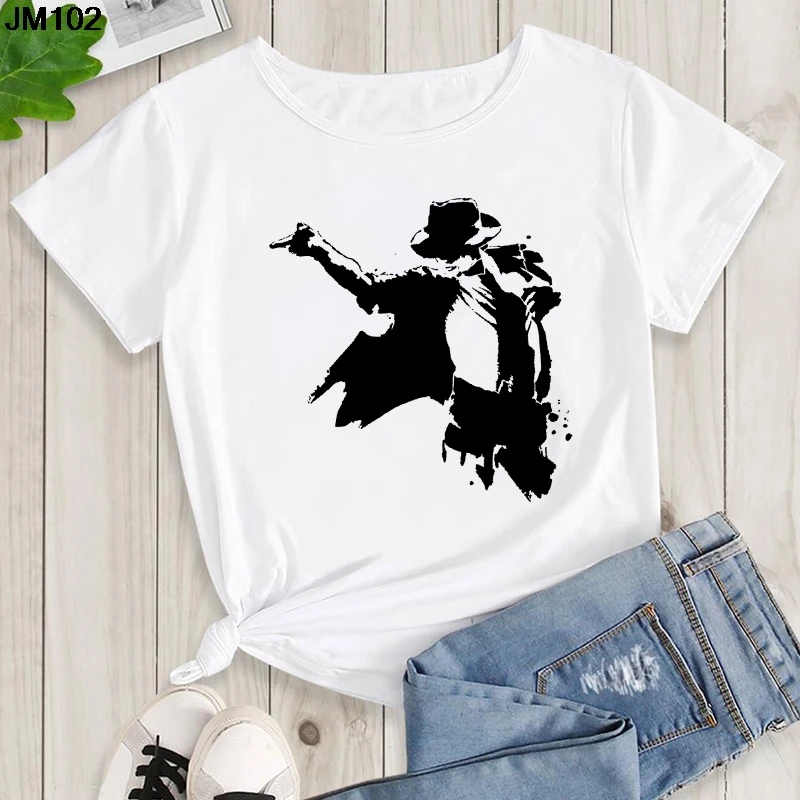 Women's Summer Shirt Pop King Michael Jackson Women's Printed Shirt Harajuku Casual White Top Women's Trendy Rock Shirt