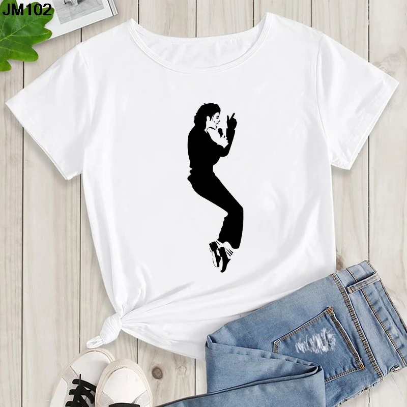 Women's Summer Shirt Pop King Michael Jackson Women's Printed Shirt Harajuku Casual White Top Women's Trendy Rock Shirt