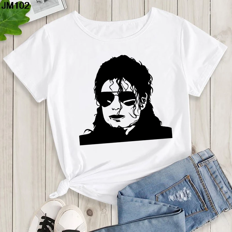 Women's Summer Shirt Pop King Michael Jackson Women's Printed Shirt Harajuku Casual White Top Women's Trendy Rock Shirt