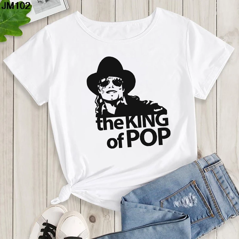 Women's Summer Shirt Pop King Michael Jackson Women's Printed Shirt Harajuku Casual White Top Women's Trendy Rock Shirt