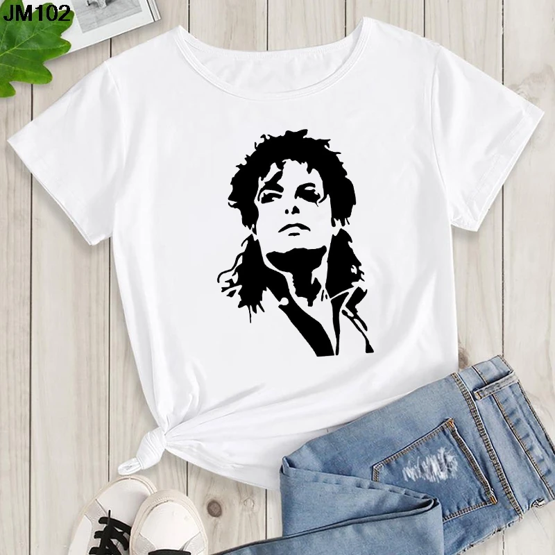 Women's Summer Shirt Pop King Michael Jackson Women's Printed Shirt Harajuku Casual White Top Women's Trendy Rock Shirt