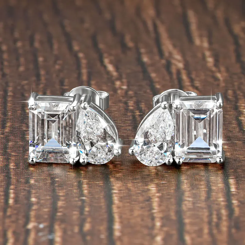OXTAO Two Stone Cubic Zirconia Stud Earring Emerald &Pear Cut for Women Statement Earrings Wedding Party Jewelry 14K Gold Filled