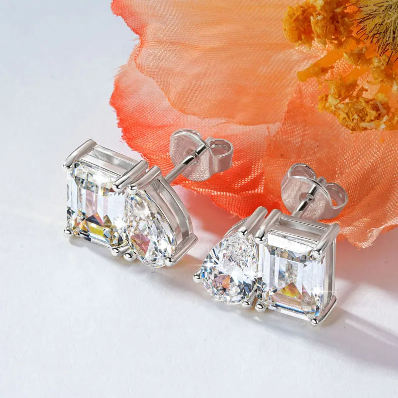 OXTAO Two Stone Cubic Zirconia Stud Earring Emerald &Pear Cut for Women Statement Earrings Wedding Party Jewelry 14K Gold Filled
