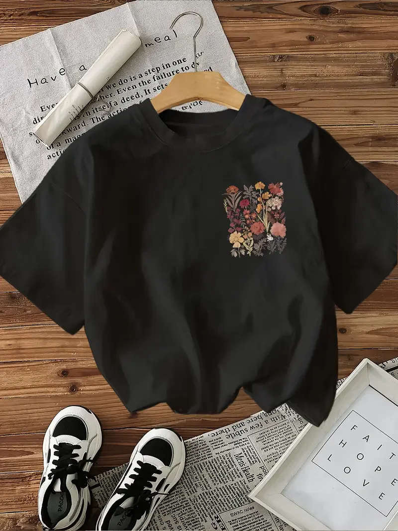 Flower T-Shirt Female Funny T Shirts Korean Fashion Graphic Tees Tops Women Clothing Natureinspired Design Aesthetic Clothes