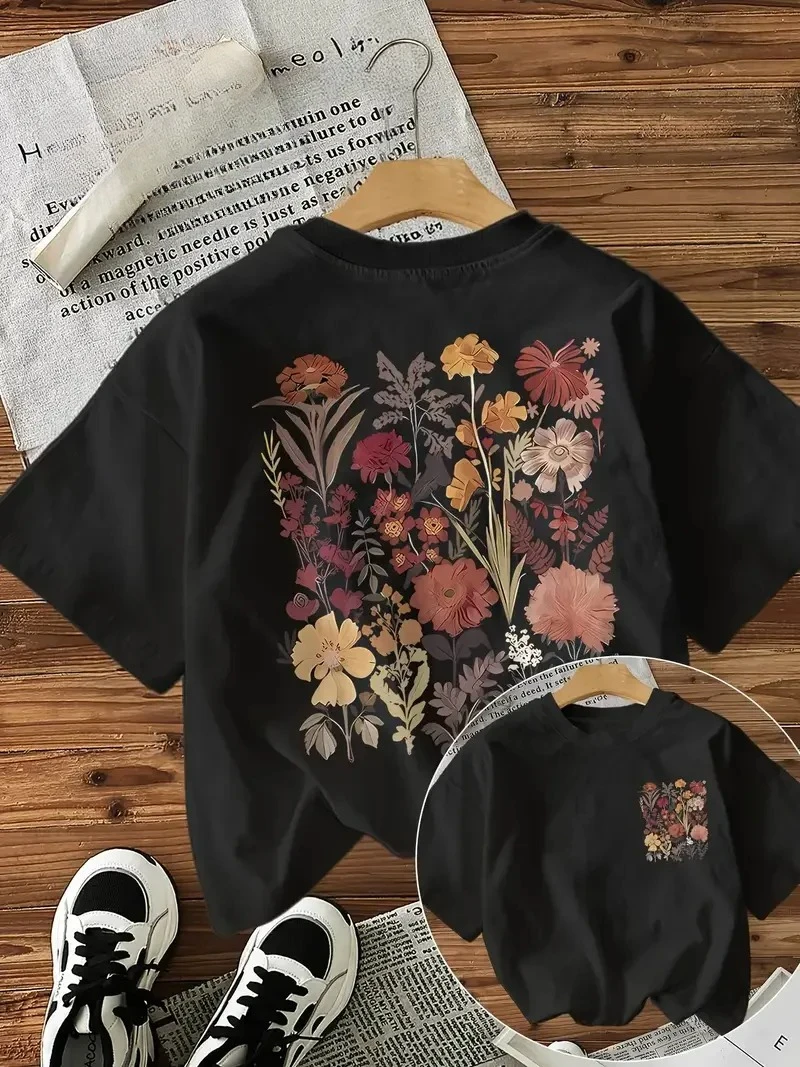 Flower T-Shirt Female Funny T Shirts Korean Fashion Graphic Tees Tops Women Clothing Natureinspired Design Aesthetic Clothes