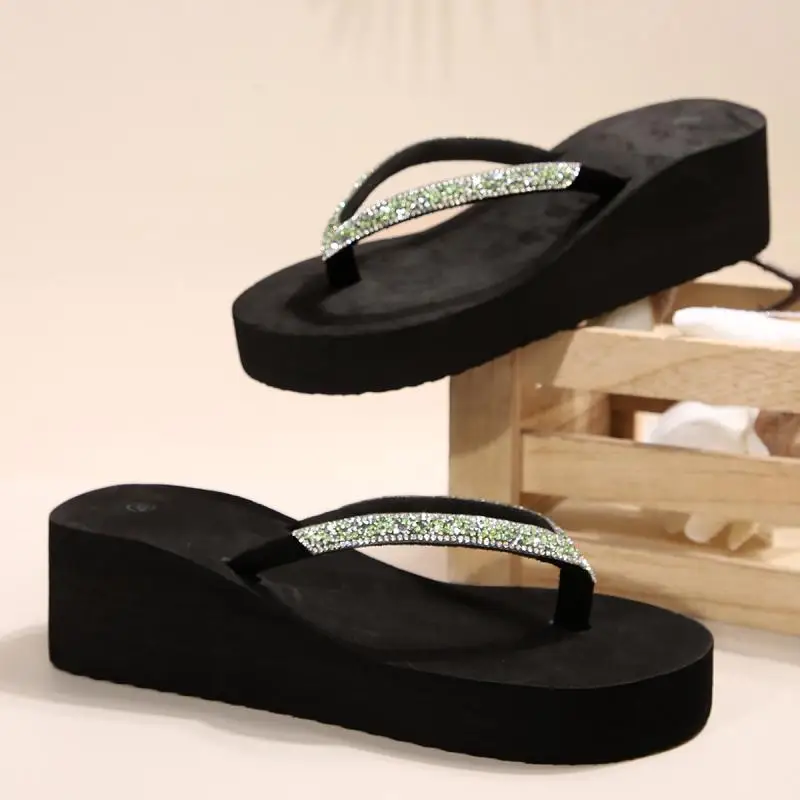 Comfort Platform Wedge Heel Flip Flops Women Summer 2026 Sexy Glitter Thick Bottom Black Sandals Plus Size Woman Beach Slippers