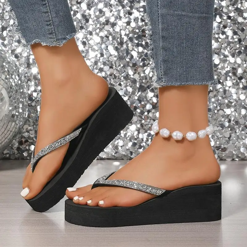 Comfort Platform Wedge Heel Flip Flops Women Summer 2026 Sexy Glitter Thick Bottom Black Sandals Plus Size Woman Beach Slippers
