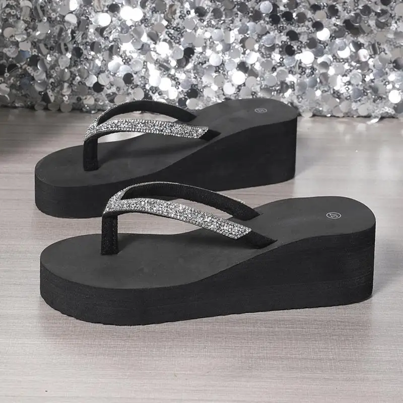 Comfort Platform Wedge Heel Flip Flops Women Summer 2026 Sexy Glitter Thick Bottom Black Sandals Plus Size Woman Beach Slippers