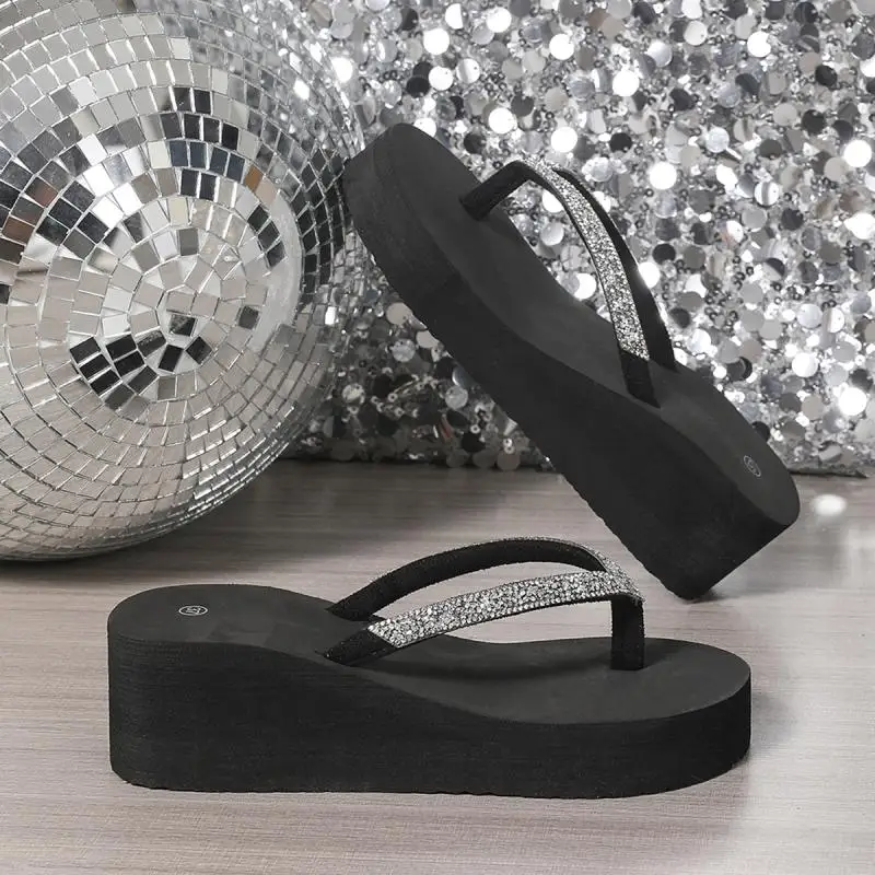 Comfort Platform Wedge Heel Flip Flops Women Summer 2026 Sexy Glitter Thick Bottom Black Sandals Plus Size Woman Beach Slippers