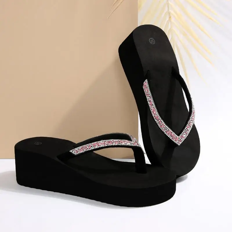 Comfort Platform Wedge Heel Flip Flops Women Summer 2026 Sexy Glitter Thick Bottom Black Sandals Plus Size Woman Beach Slippers