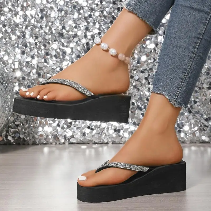 Comfort Platform Wedge Heel Flip Flops Women Summer 2026 Sexy Glitter Thick Bottom Black Sandals Plus Size Woman Beach Slippers