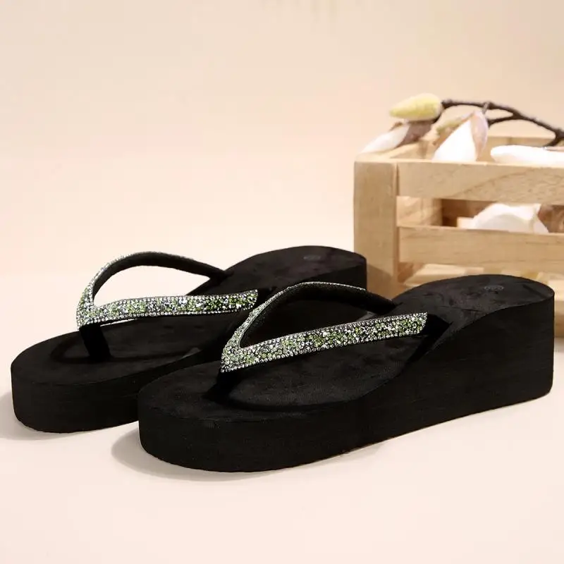Comfort Platform Wedge Heel Flip Flops Women Summer 2026 Sexy Glitter Thick Bottom Black Sandals Plus Size Woman Beach Slippers