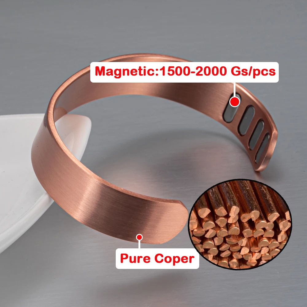 Vinterly Pure Copper Bracelets 15mm Matte Adjustable Open Cuff Bangles Health Energy High Magnet Jewelry Male Resizable Metal