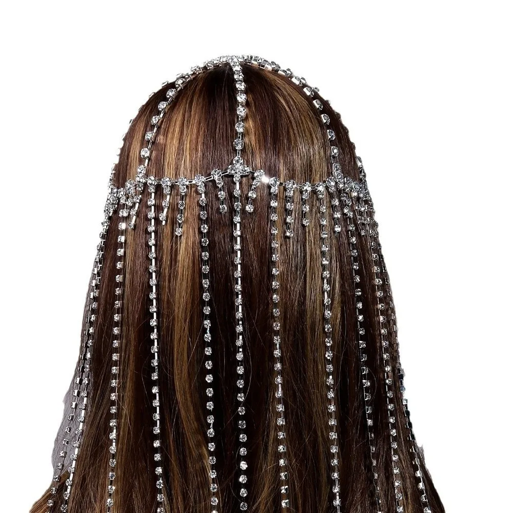 Flash Rhinestone Cap Headpiece Fringe Mesh Full Rhinestone Inlay Crystal Head Chain Retro Style Personalized Tassel Headband