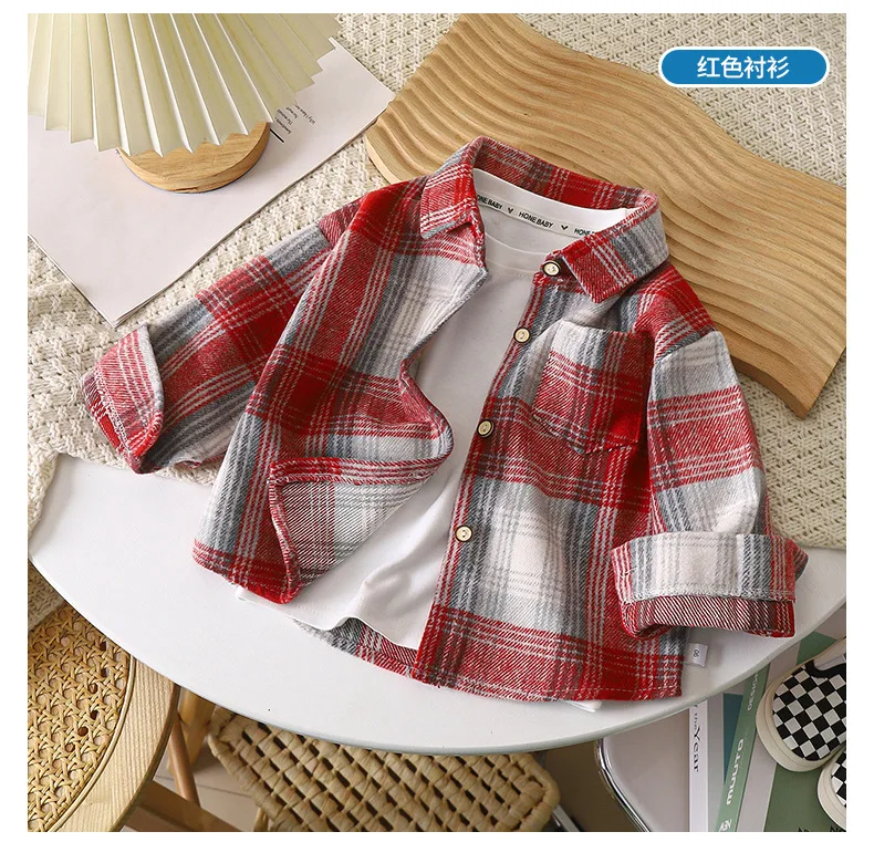 Boys' Sweatshirts Long Sleeve Autumn Plaid Shirt Children's Retro Color Matching Cardigan New Style Lapel Top Jacket for Girls