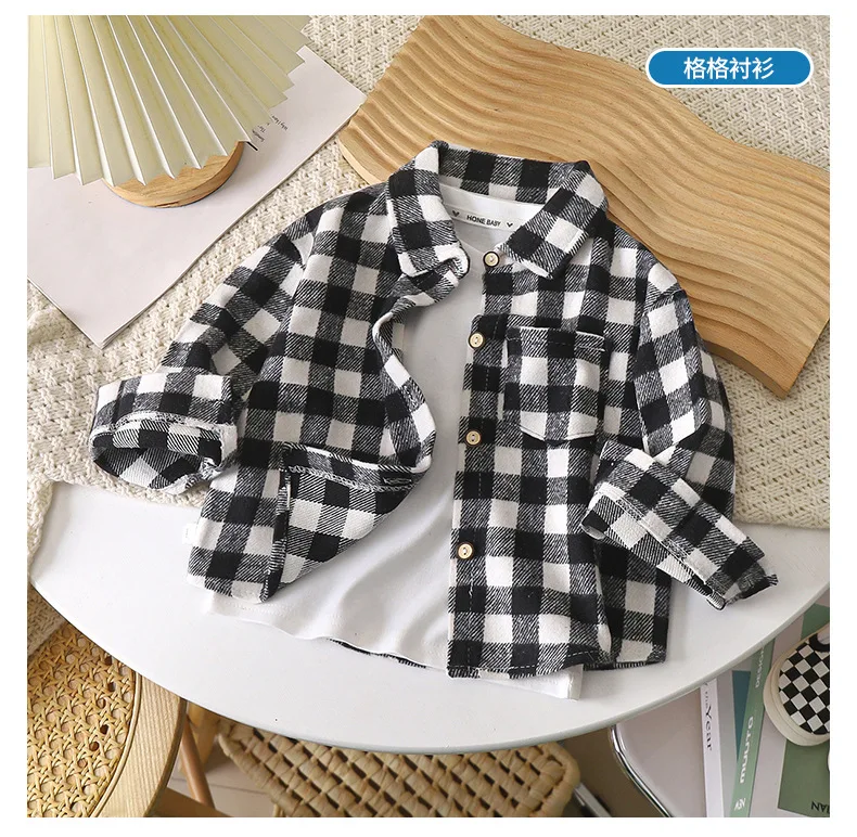 Boys' Sweatshirts Long Sleeve Autumn Plaid Shirt Children's Retro Color Matching Cardigan New Style Lapel Top Jacket for Girls