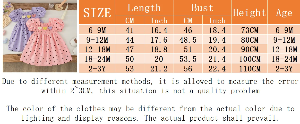 Baby Girl Dress Summer New Sweet Lovely Heart Print Square Neck Bubble Sleeves Fashion Baby Clothes 6 Months - 3 Years