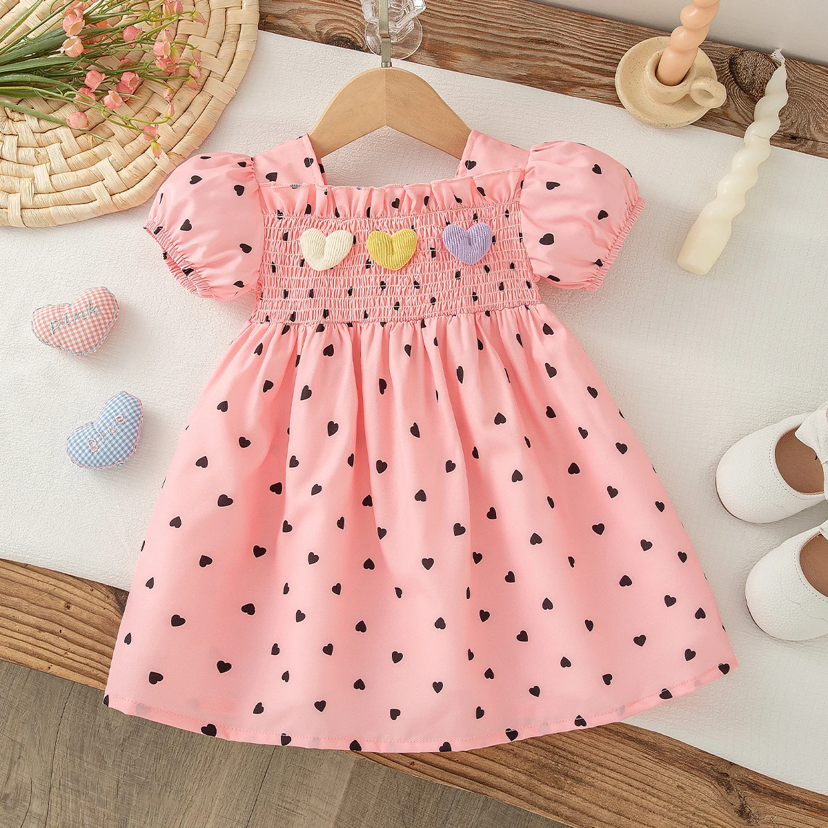 Baby Girl Dress Summer New Sweet Lovely Heart Print Square Neck Bubble Sleeves Fashion Baby Clothes 6 Months - 3 Years