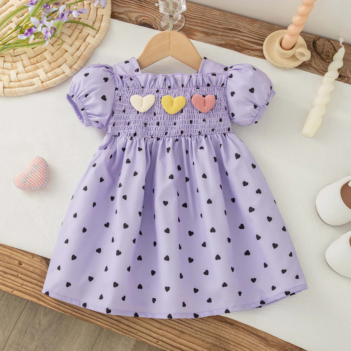 Baby Girl Dress Summer New Sweet Lovely Heart Print Square Neck Bubble Sleeves Fashion Baby Clothes 6 Months - 3 Years