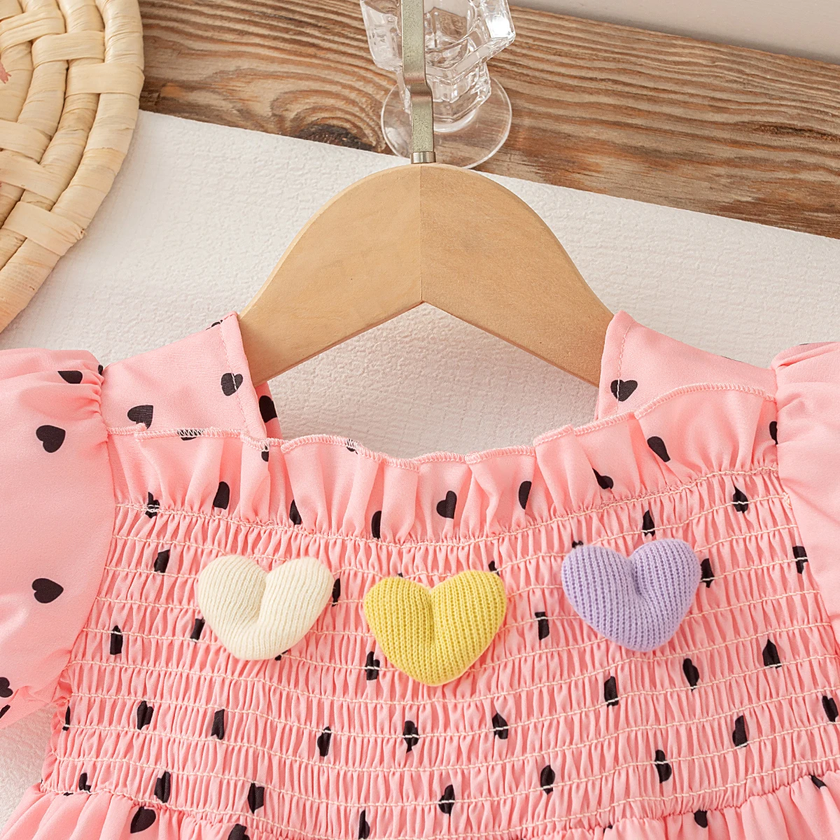 Baby Girl Dress Summer New Sweet Lovely Heart Print Square Neck Bubble Sleeves Fashion Baby Clothes 6 Months - 3 Years