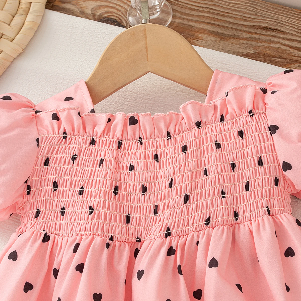 Baby Girl Dress Summer New Sweet Lovely Heart Print Square Neck Bubble Sleeves Fashion Baby Clothes 6 Months - 3 Years