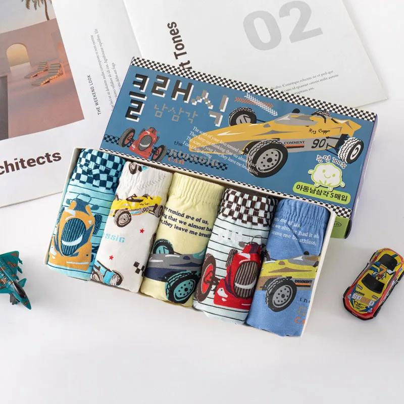 5-Pack Boys Underwear Soft Cotton Boys Briefs Cartoon Race Cars Kids Panties Breathable Knickers For Boys Exquisite Box Package